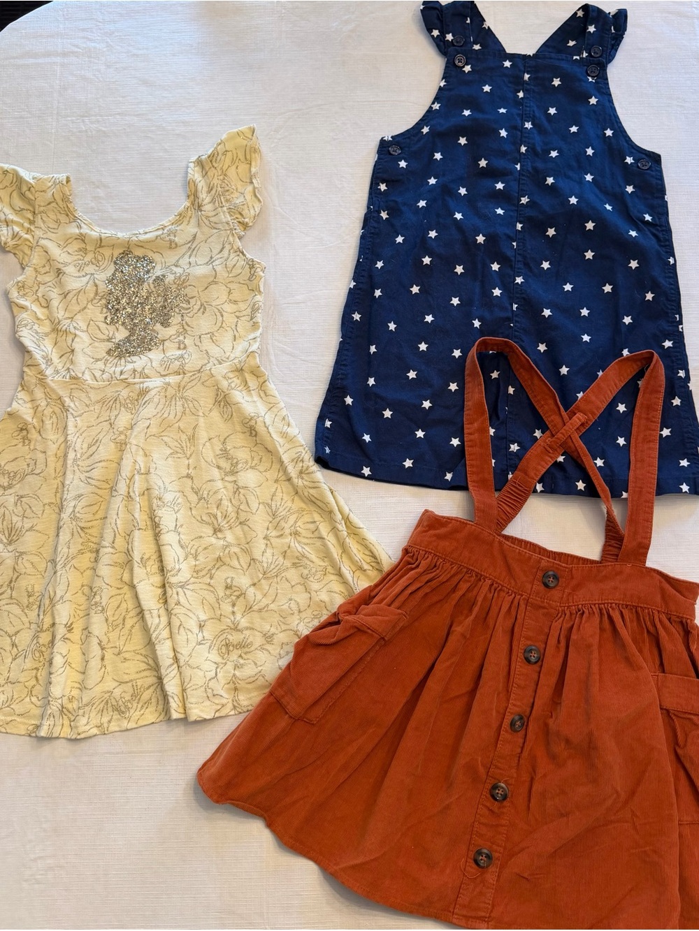 Cat & Jack Navy Star Pinafore, Beauty and the Beast Dress & Rust Corduroy Skirt